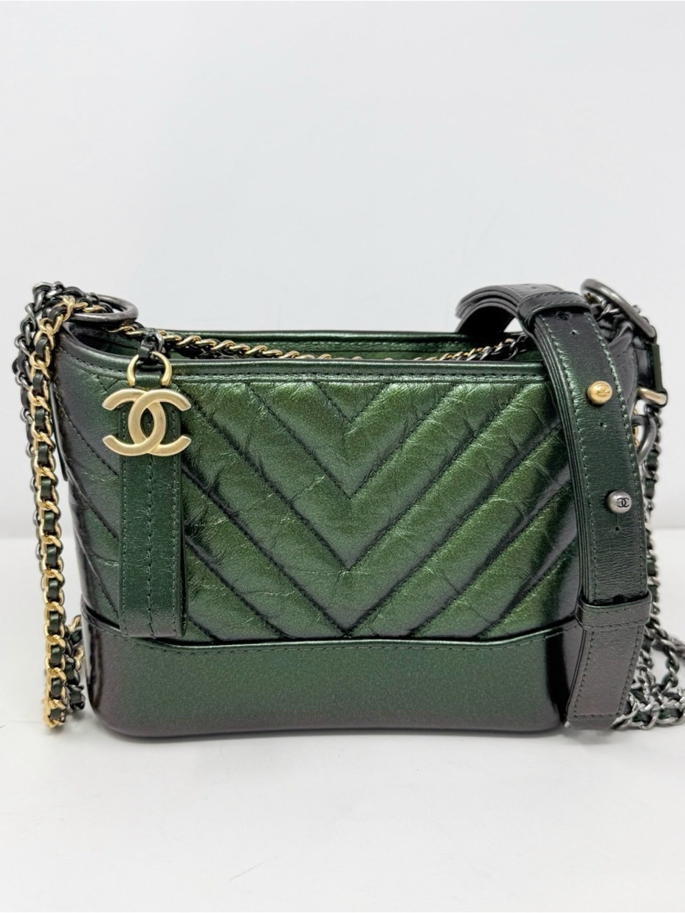 Chanel Small Metallic Green Chevron Gabrielle Hobo Bag